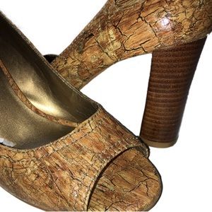 Wood cork peeptoe stacked high heel pump